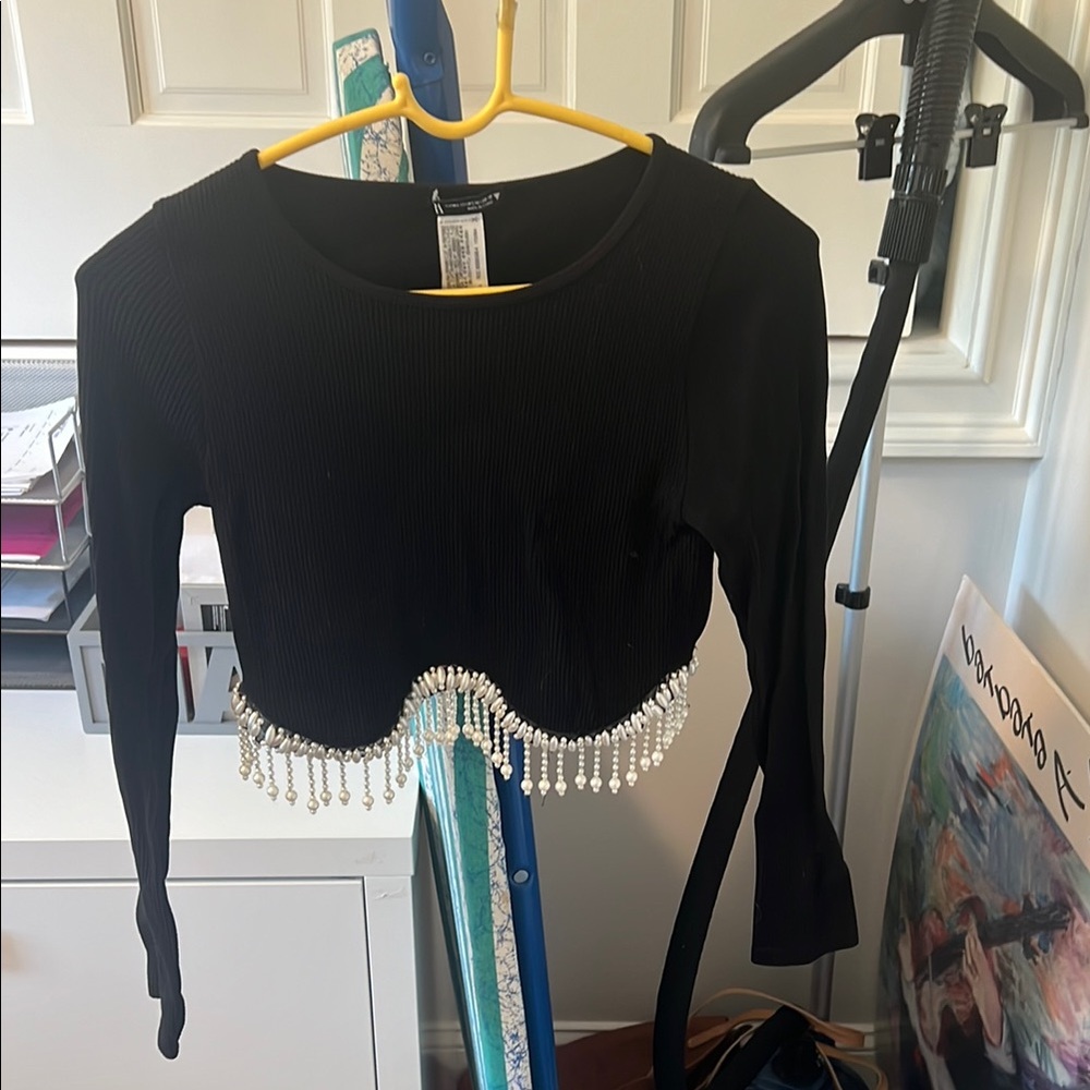 Zara Black Embellished Crop Blouse